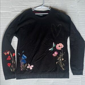 Desigual Girls Black Sweatshirt with Colorful Floral Embroidery Size 13-14